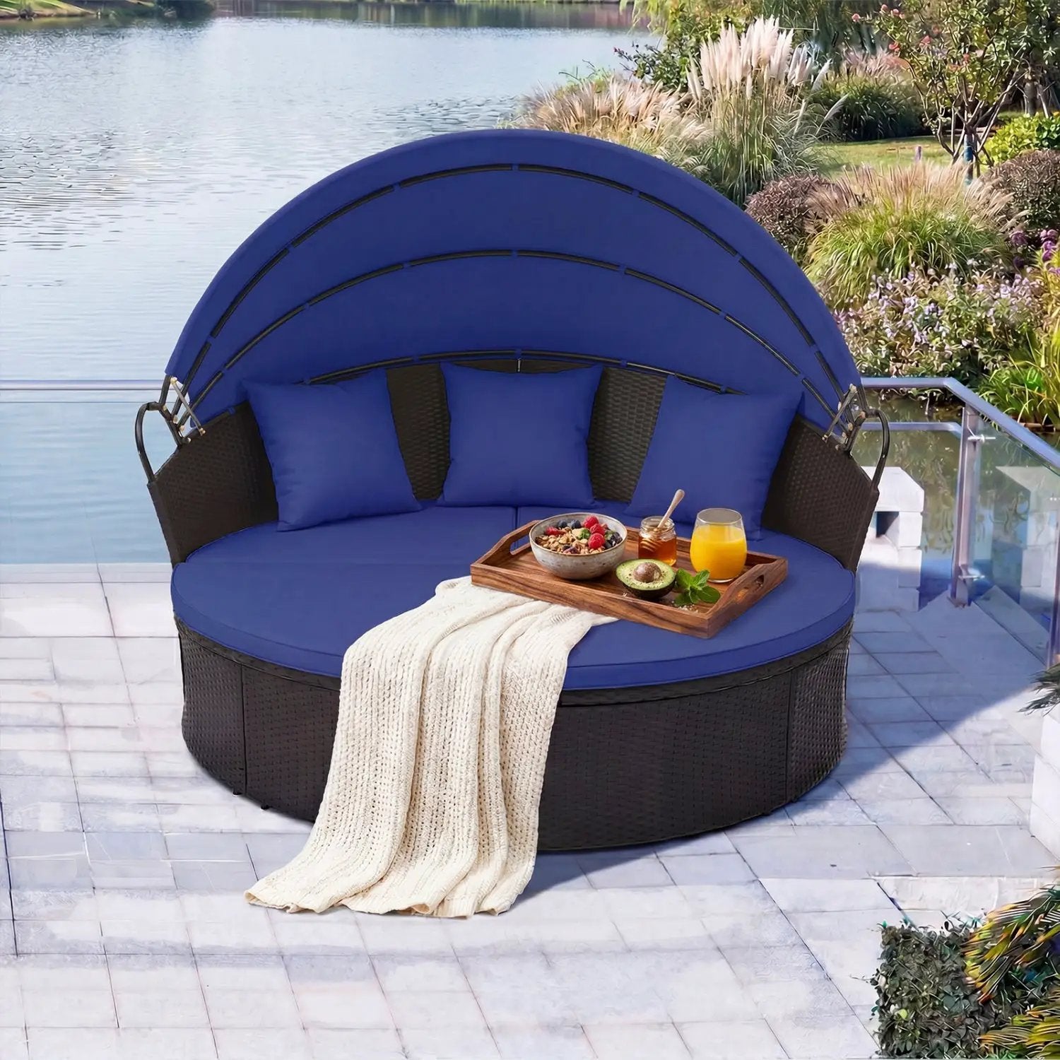 Round Patio Daybed with Retractable Canopy and Cushions by DirectDeals