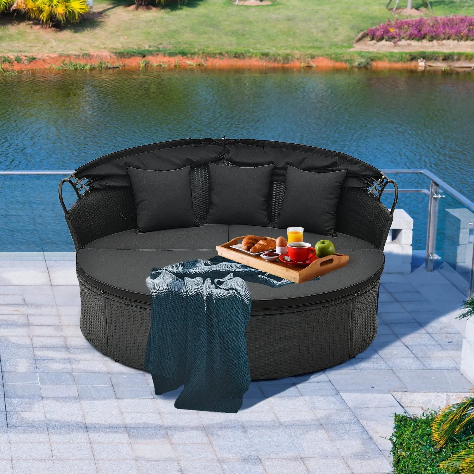 Clamshell Patio Round Daybed Wicker with Retractable Canopy and Pillows by DirectDeals