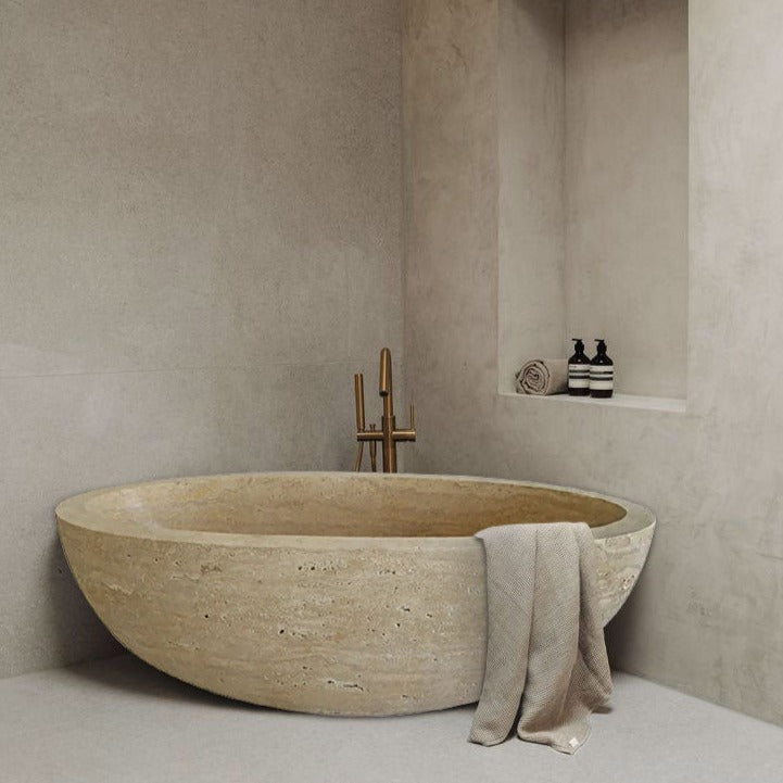 Classic Beige Natural Stone Ellipse Shape Hand-Carved Unique Travertine Bathtub(W)70" (L)35" (H)20" by GobekDesign