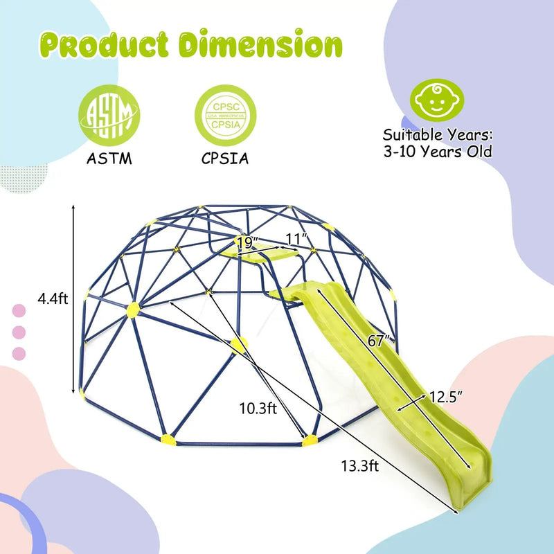 13.3 FT Climbing Dome Geometric Dome Climber with Extended Wavy Slide and 2 Rest Platforms-Multicolor by DirectDeals