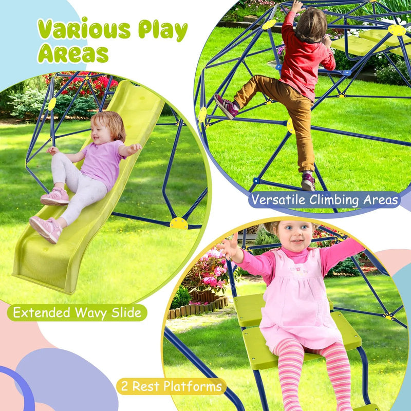 13.3 FT Climbing Dome Geometric Dome Climber with Extended Wavy Slide and 2 Rest Platforms-Multicolor by DirectDeals