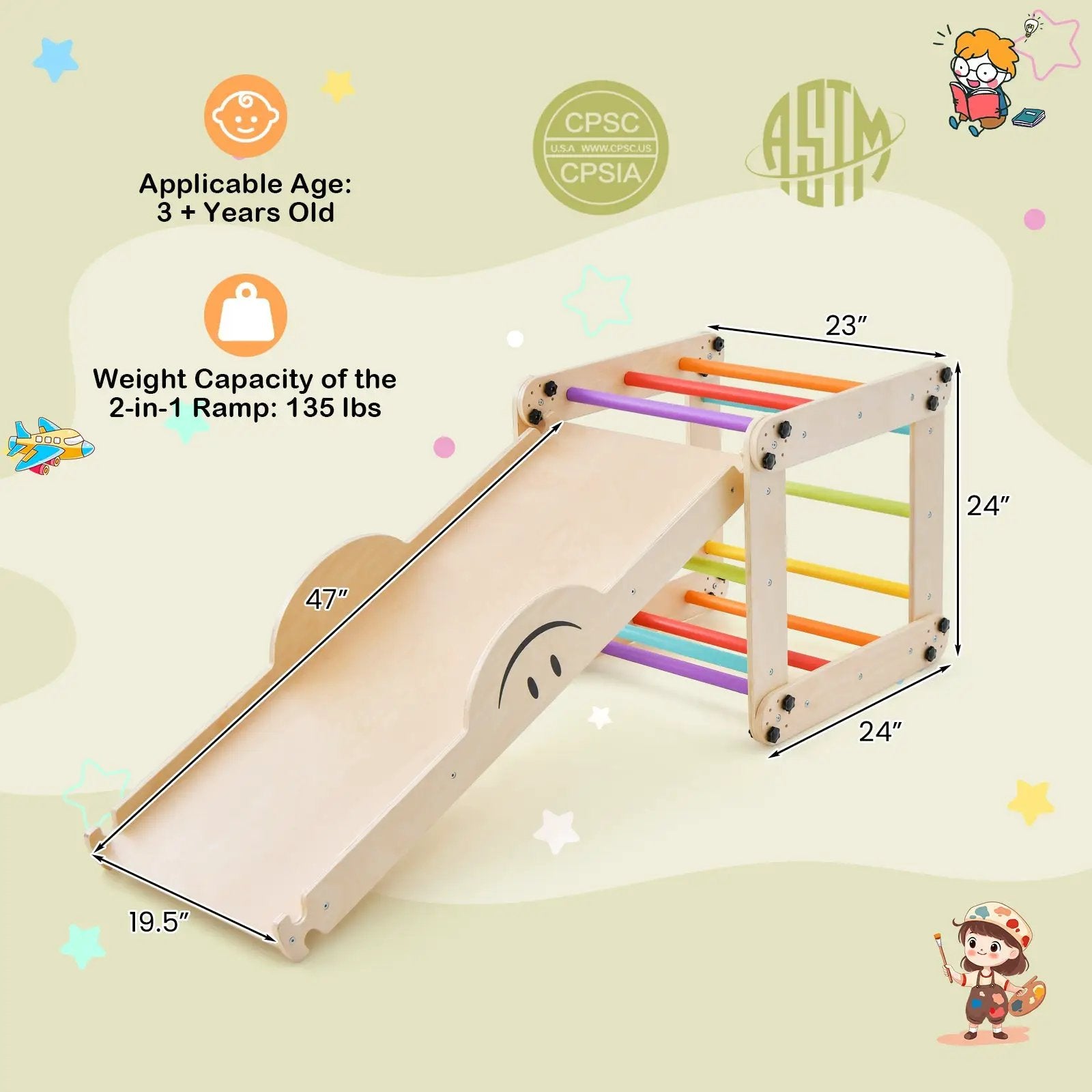 Climbing Triangle Ladder Toy Indoor Jungle Gym with Reversible Ramp-Multicolor by DirectDeals