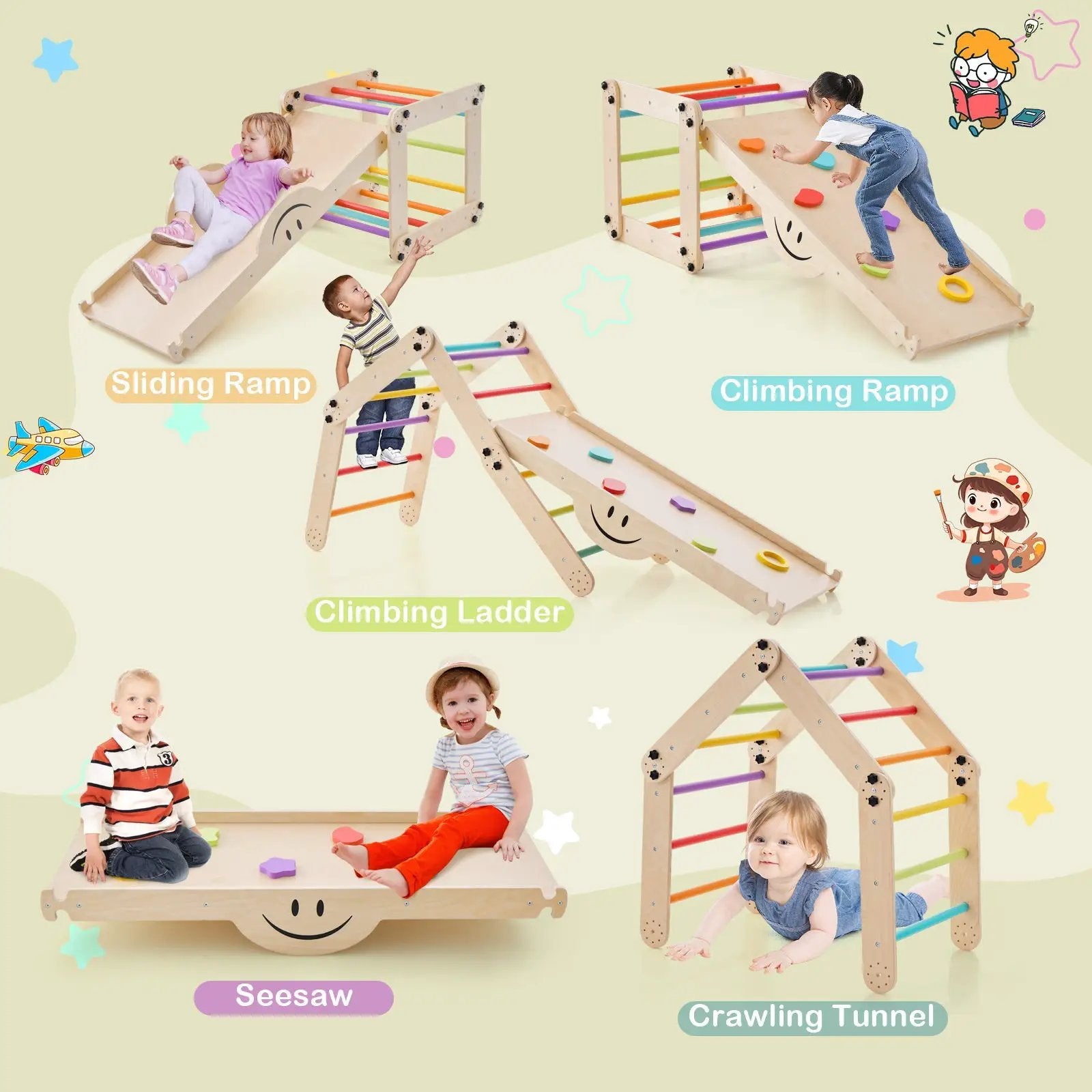 Climbing Triangle Ladder Toy Indoor Jungle Gym with Reversible Ramp-Multicolor by DirectDeals