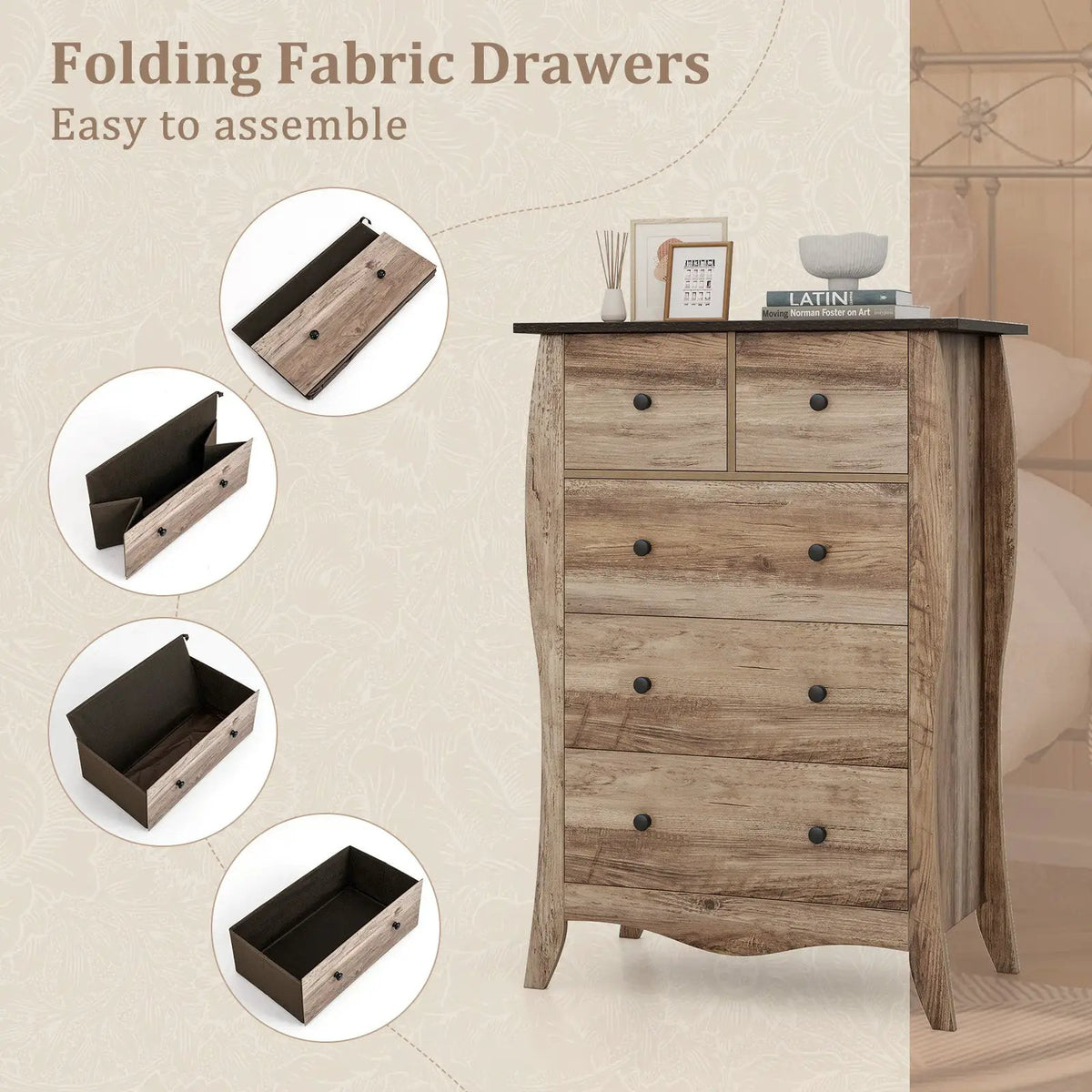 Closet Storage Organizer with 5 Folding Fabric Drawers and Anti-tipping Kit by DirectDeals