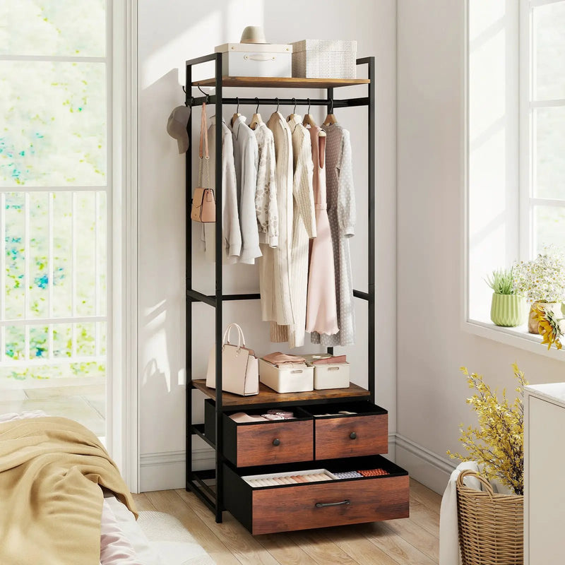 Clothes Rack with Drawers and Shelves with Side Hooks and Metal Frame-Rustic Brown by DirectDeals