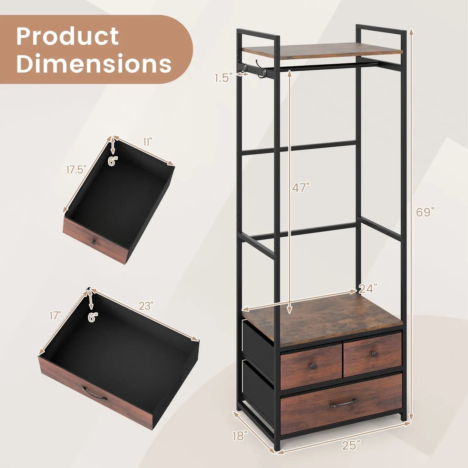 Clothes Rack with Drawers and Shelves with Side Hooks and Metal Frame-Rustic Brown by DirectDeals