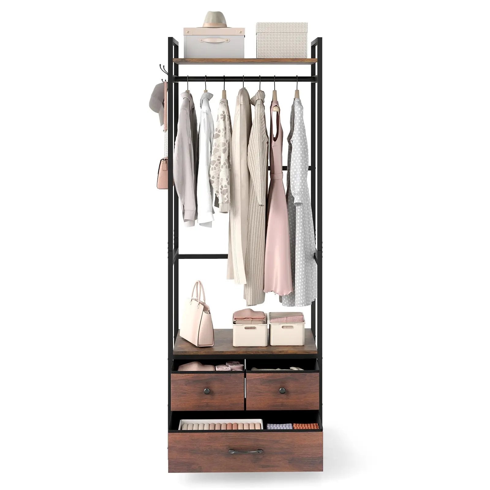 Clothes Rack with Drawers and Shelves with Side Hooks and Metal Frame-Rustic Brown by DirectDeals
