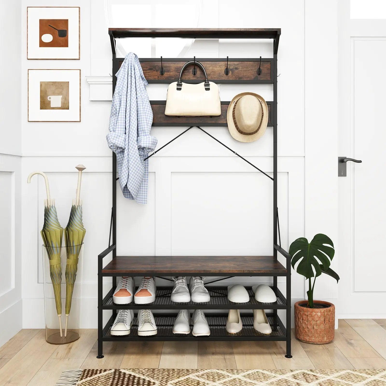 Coat Rack 4-In-1 Hall Tree with 11 Hanging Hooks Shoe Bench by DirectDeals