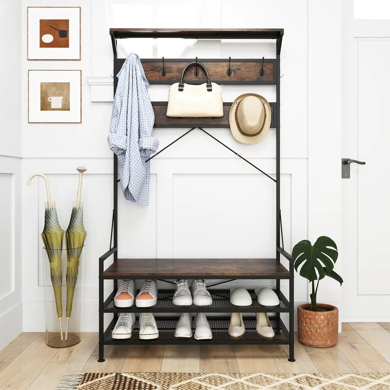 Coat Rack 4-In-1 Hall Tree with 11 Hanging Hooks Shoe Bench by DirectDeals