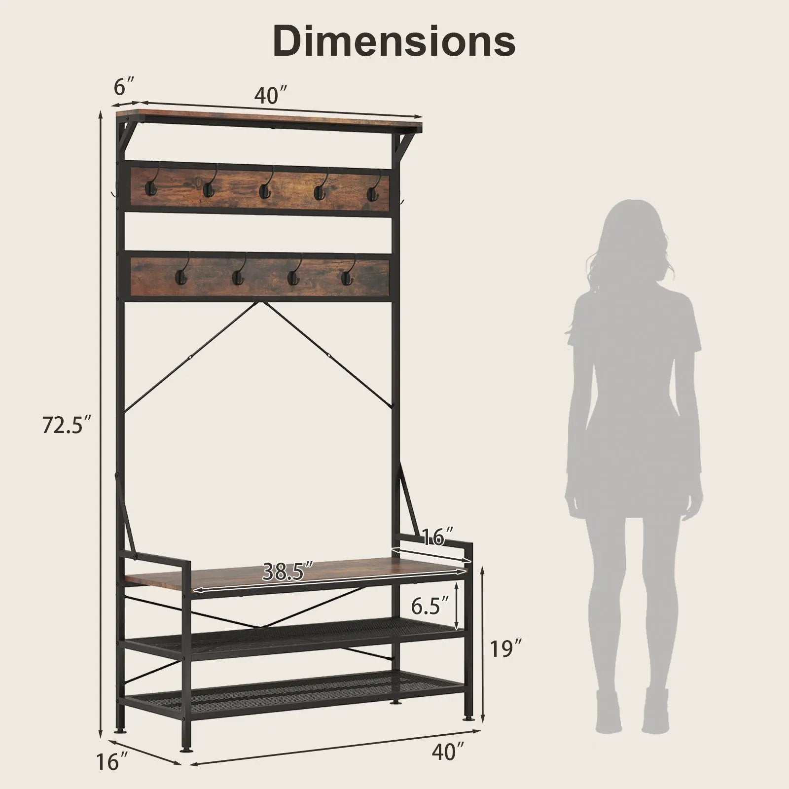 Coat Rack 4-In-1 Hall Tree with 11 Hanging Hooks Shoe Bench by DirectDeals