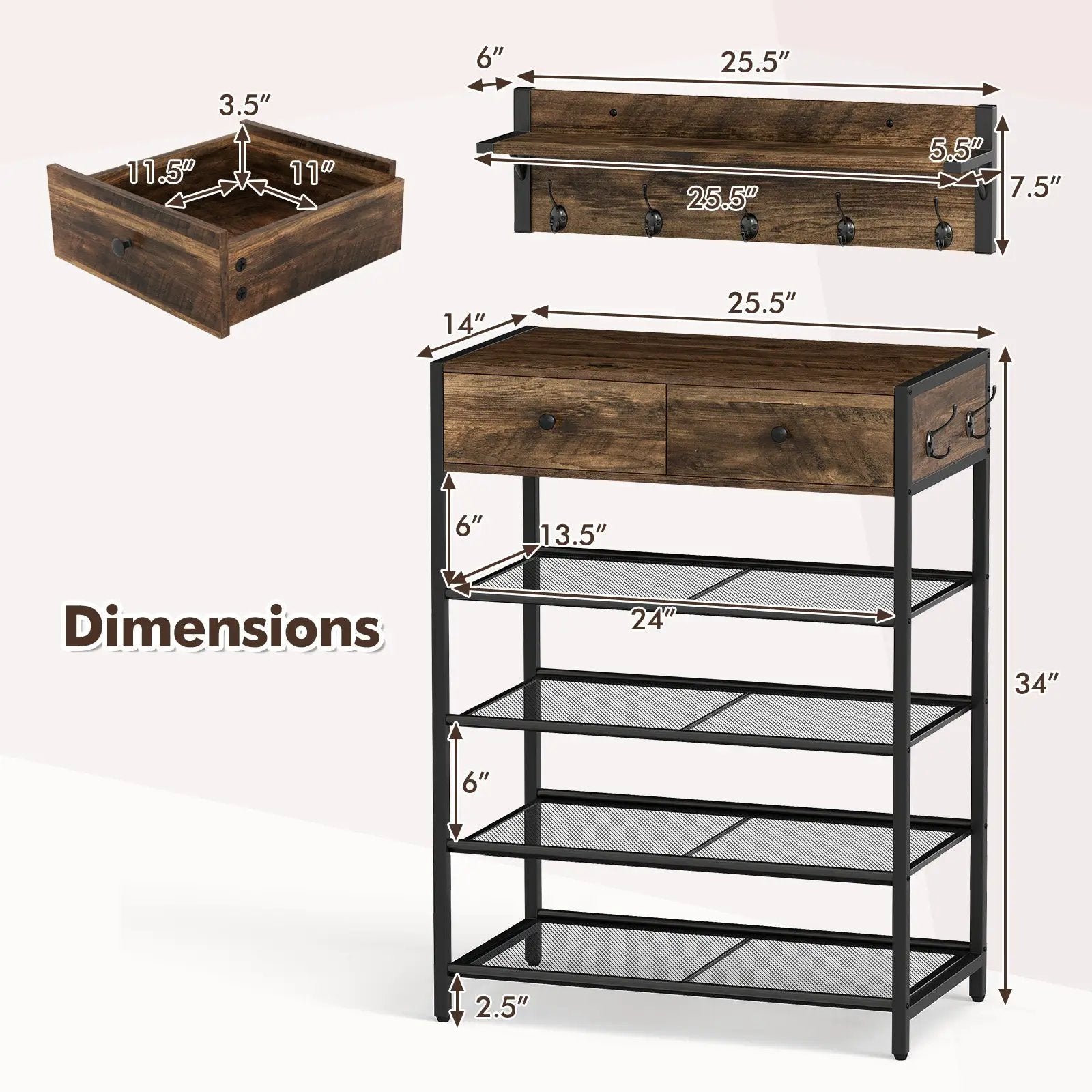 Coat Rack Shoe Stand Set 5-Tier Shoe Rack with Wall-Mounted Coat Hanger-Brown by DirectDeals