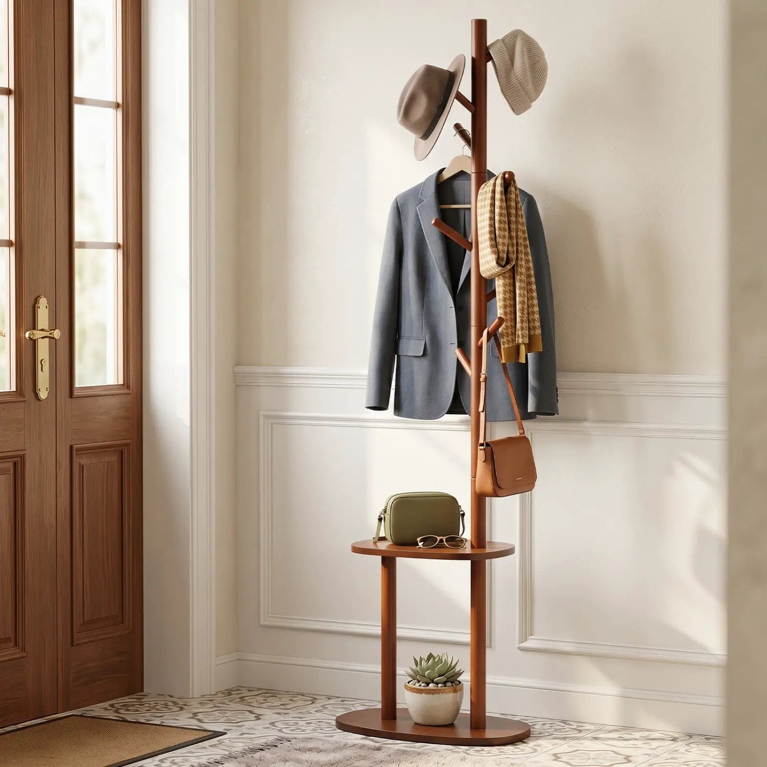 Coat Rack with 8 Hooks and 2 Shelves - Walnut Rubber Wood by DirectDeals