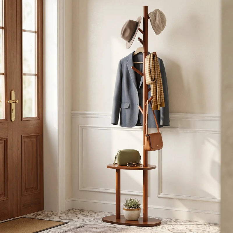 Coat Rack with 8 Hooks and 2 Shelves - Walnut Rubber Wood by DirectDeals
