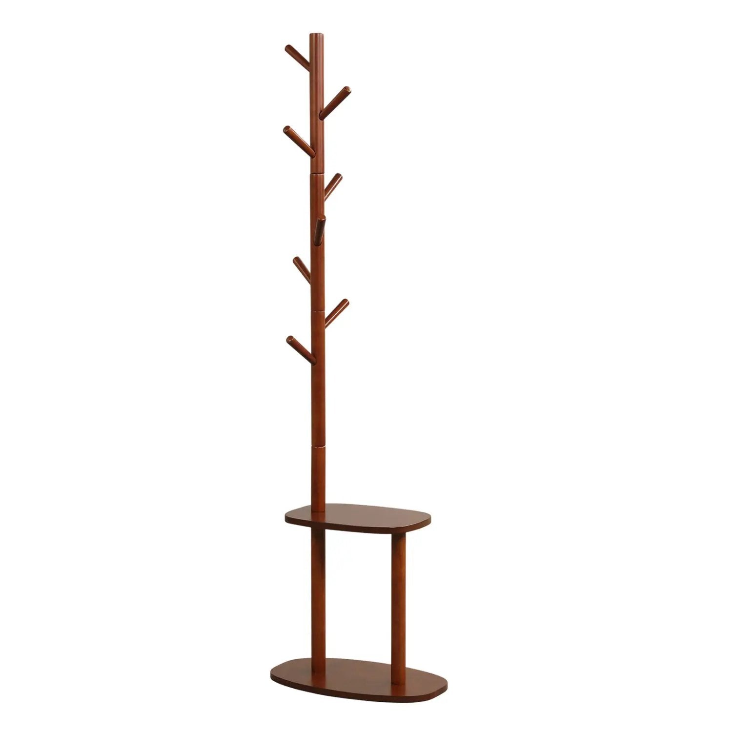 Coat Rack with 8 Hooks and 2 Shelves - Walnut Rubber Wood by DirectDeals