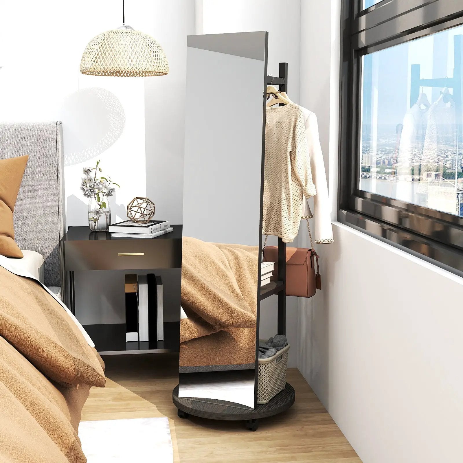 Coat Rack with Full Length Mirror Freestanding Coat Tree with 3 Hooks by DirectDeals