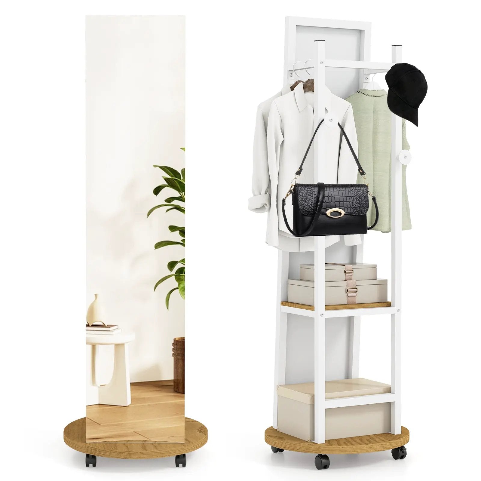 Coat Rack with Full Length Mirror Freestanding Coat Tree with 3 Hooks by DirectDeals