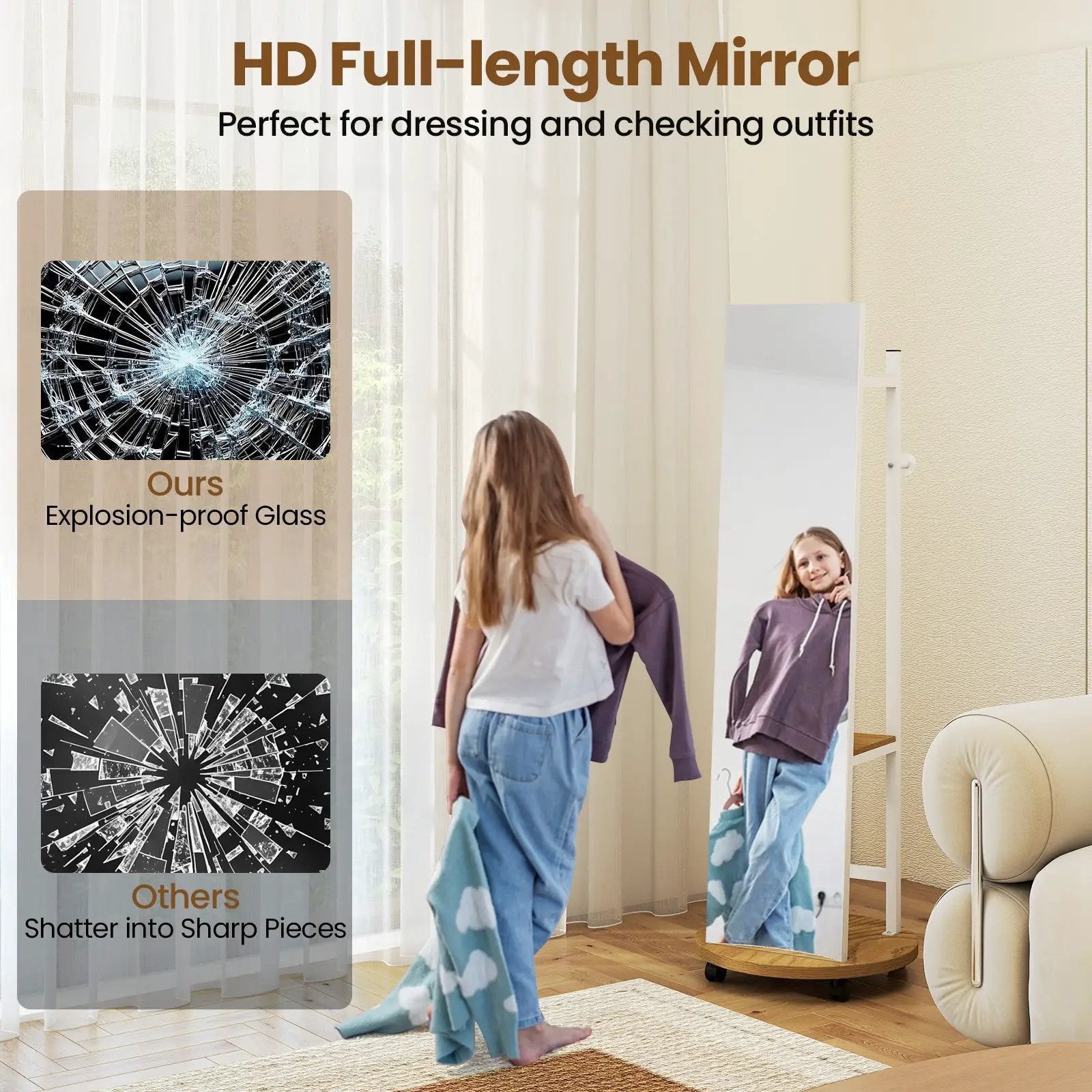 Coat Rack with Full Length Mirror Freestanding Coat Tree with 3 Hooks by DirectDeals