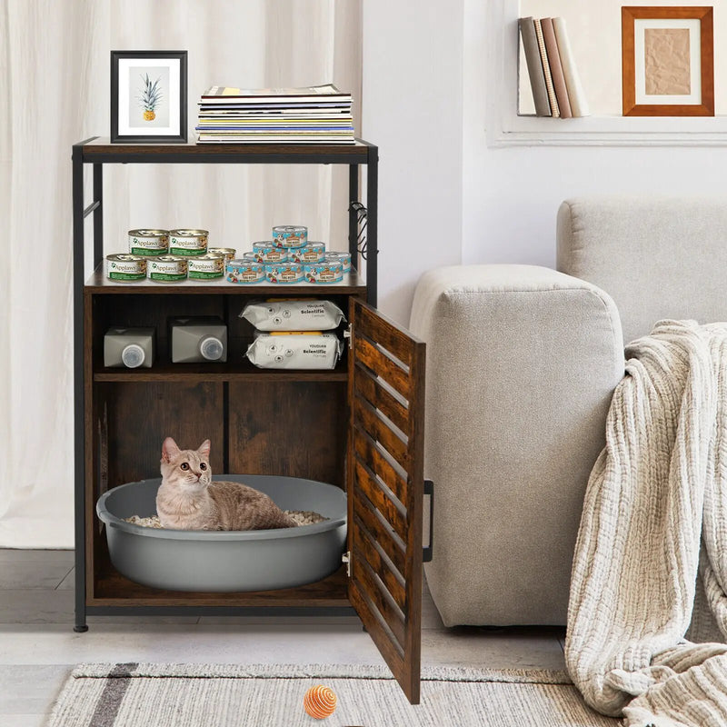 Cat Litter Box Enclosure with Louvered Door and 3-Tier Shelf by DirectDeals