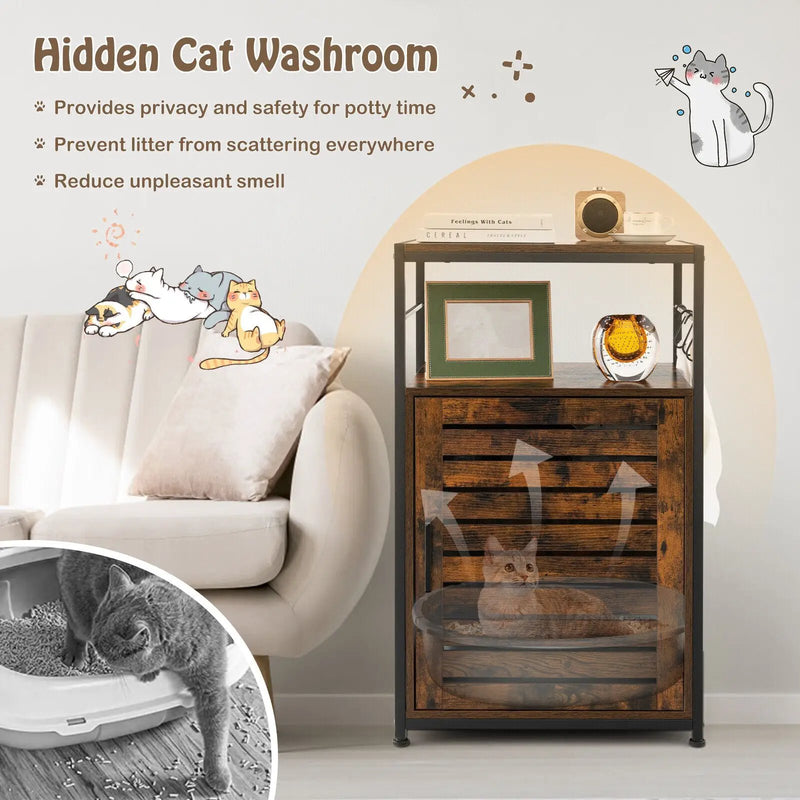 Cat Litter Box Enclosure with Louvered Door and 3-Tier Shelf by DirectDeals