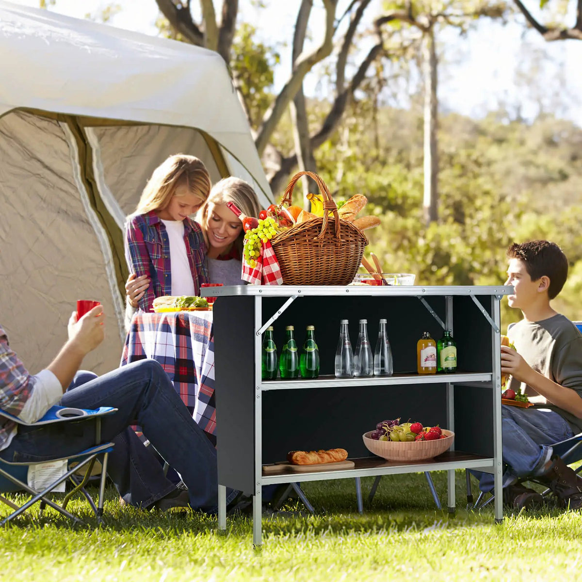 Folding Camping Table with 2-Tier Open Shelves for Outdoor BBQ by DirectDeals