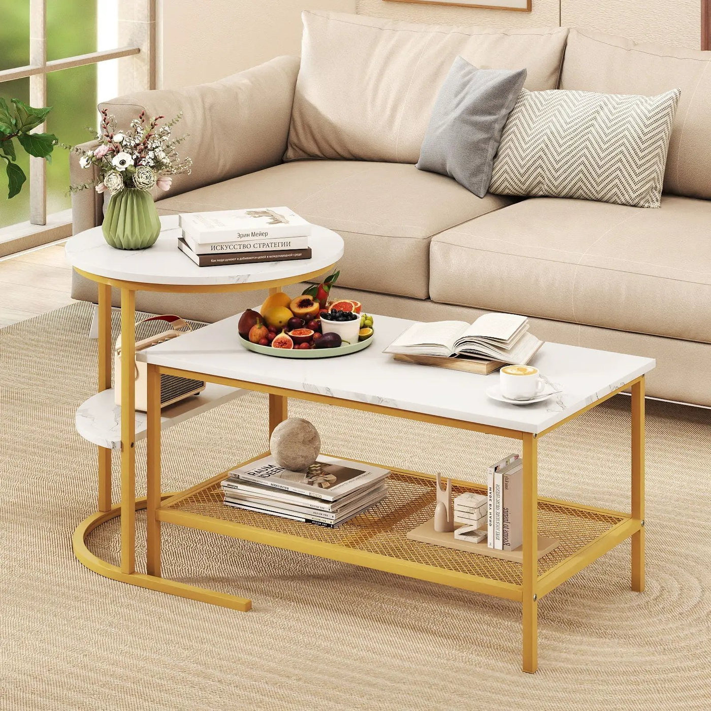 Coffee Table 2-Tier Rectangle Coffee Table and Side End Table with Storage Shelves by DirectDeals