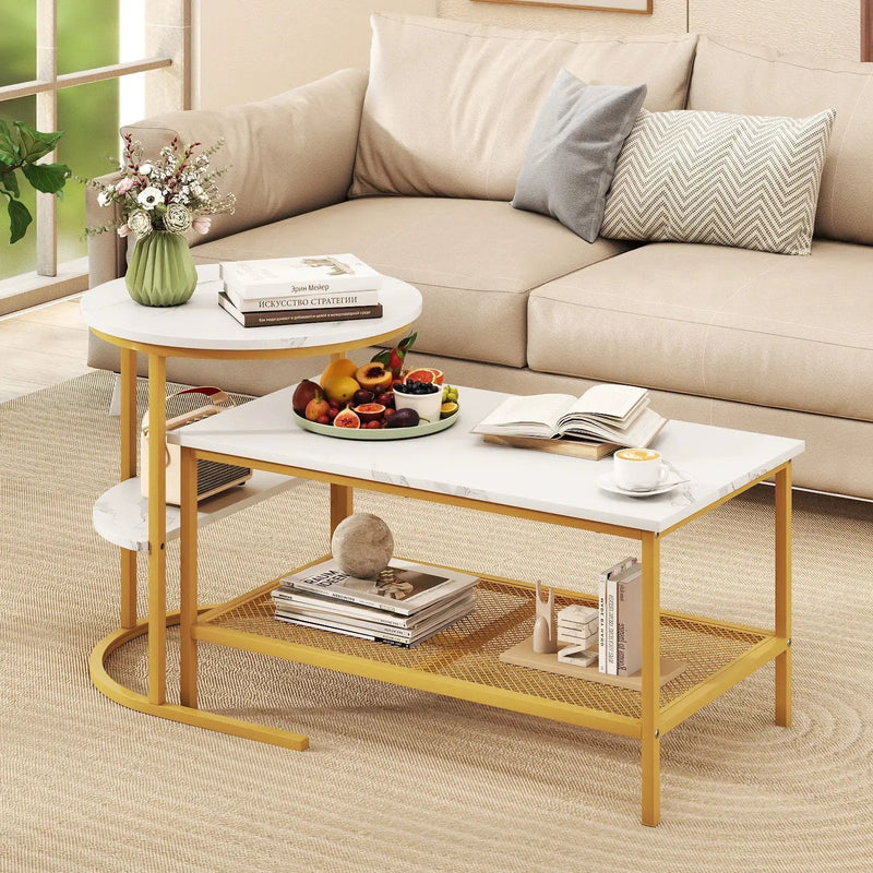 Coffee Table 2-Tier Rectangle Coffee Table and Side End Table with Storage Shelves by DirectDeals