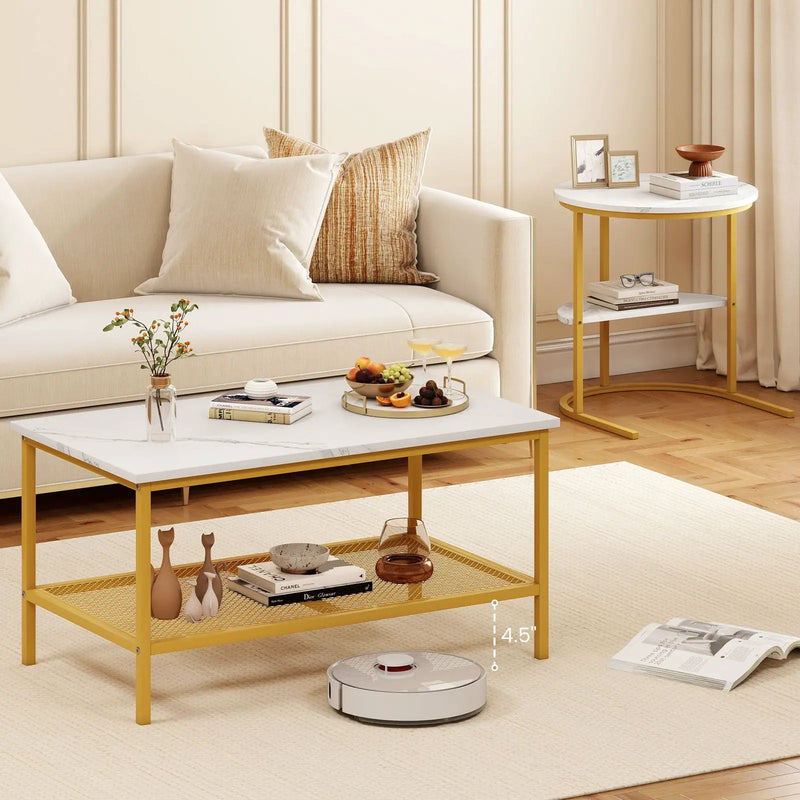 Coffee Table 2-Tier Rectangle Coffee Table and Side End Table with Storage Shelves by DirectDeals