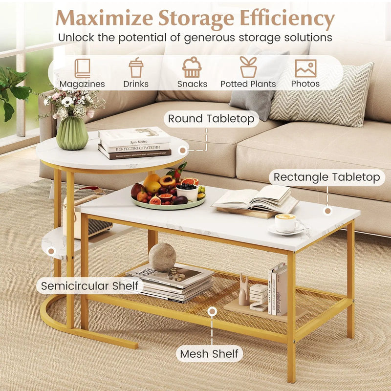 Coffee Table 2-Tier Rectangle Coffee Table and Side End Table with Storage Shelves by DirectDeals