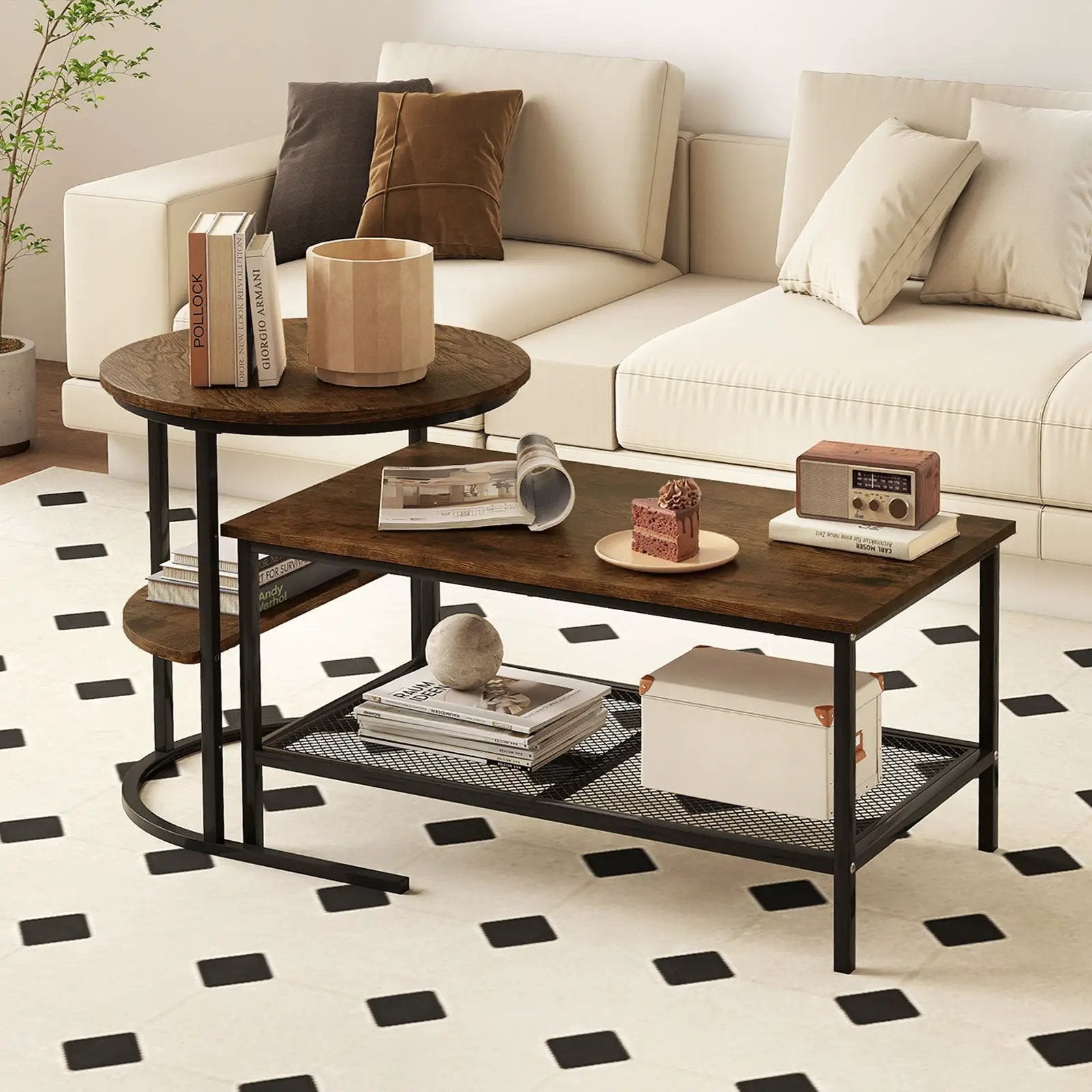 Coffee Table 2-Tier Rectangle Coffee Table and Side End Table with Storage Shelves by DirectDeals