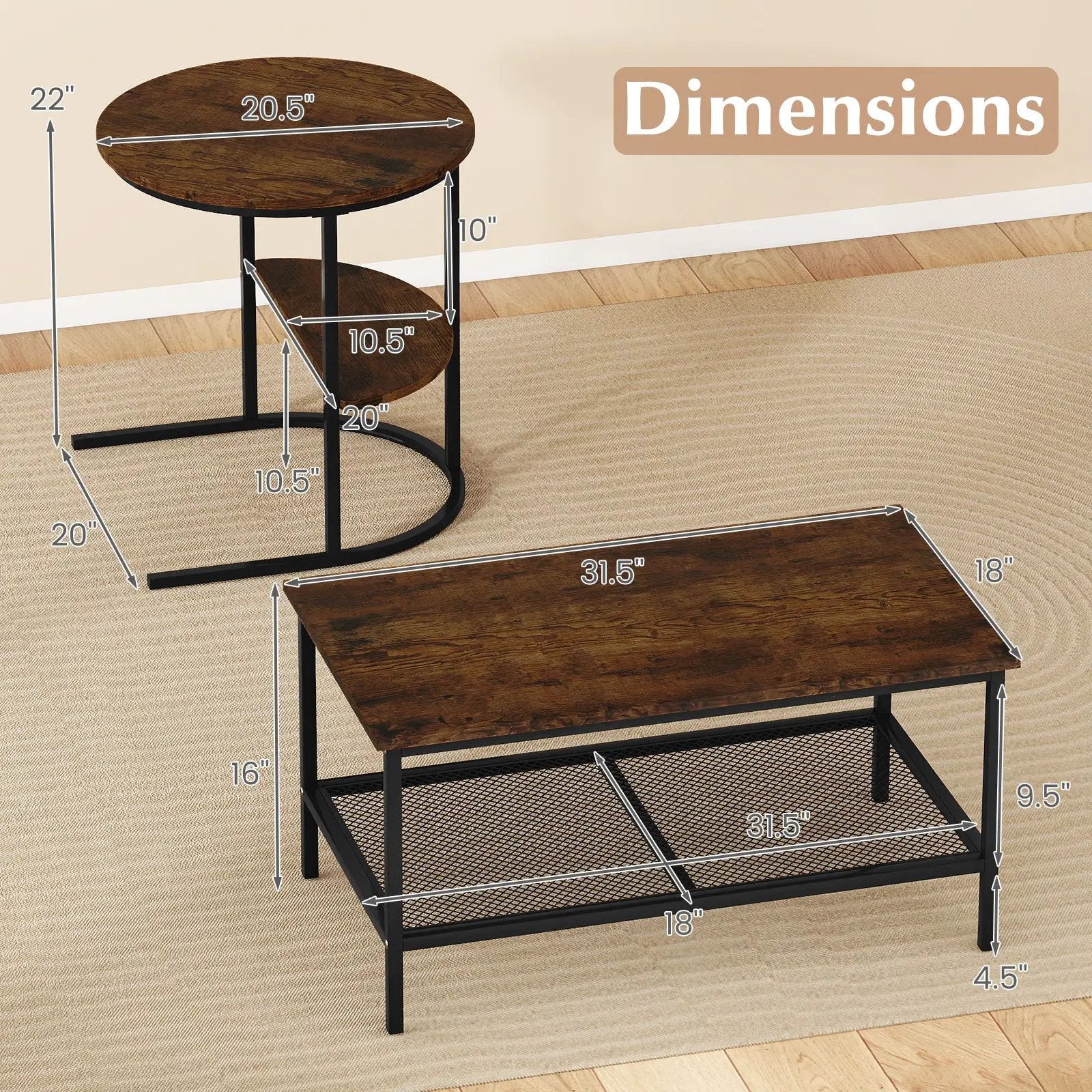 Coffee Table 2-Tier Rectangle Coffee Table and Side End Table with Storage Shelves by DirectDeals