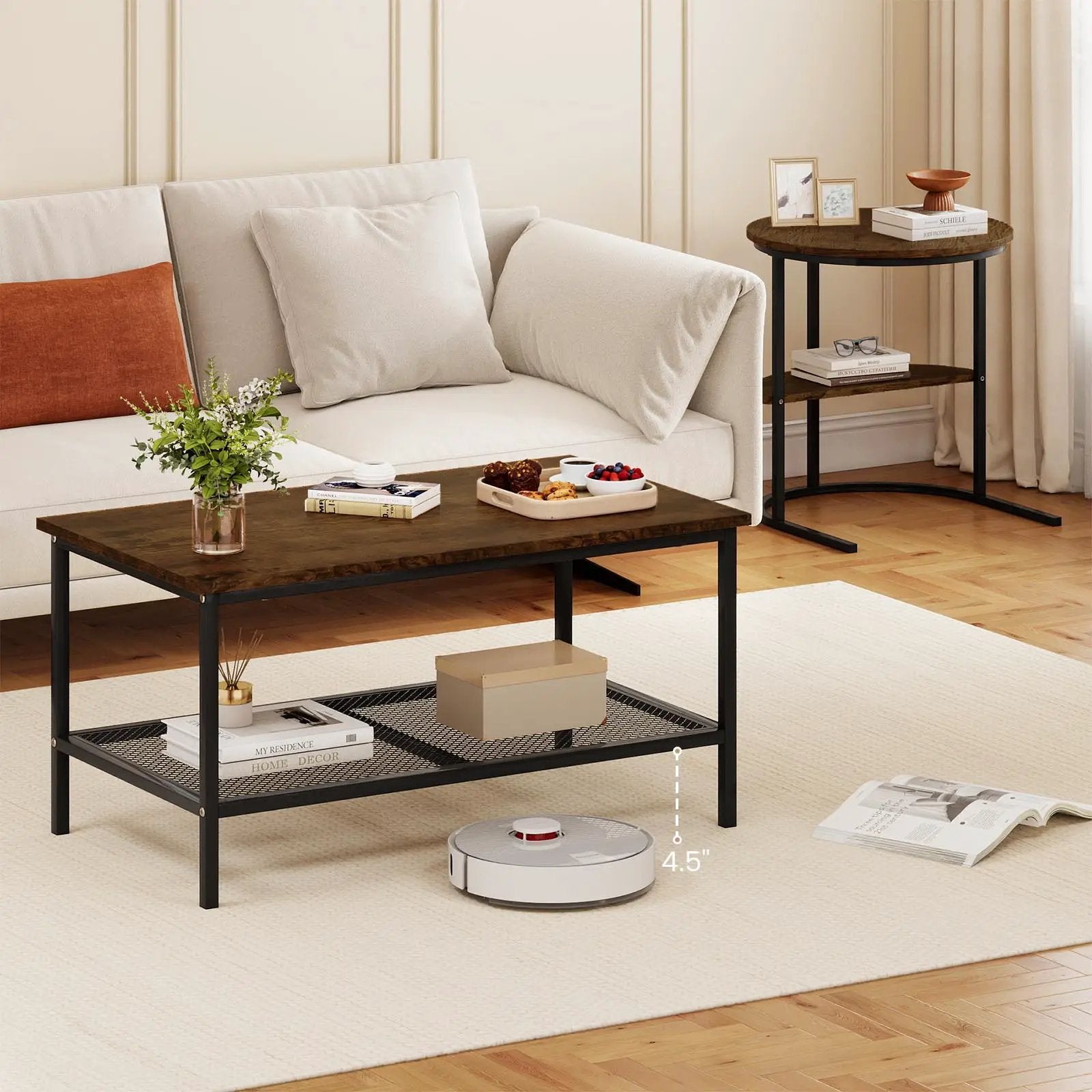 Coffee Table 2-Tier Rectangle Coffee Table and Side End Table with Storage Shelves by DirectDeals