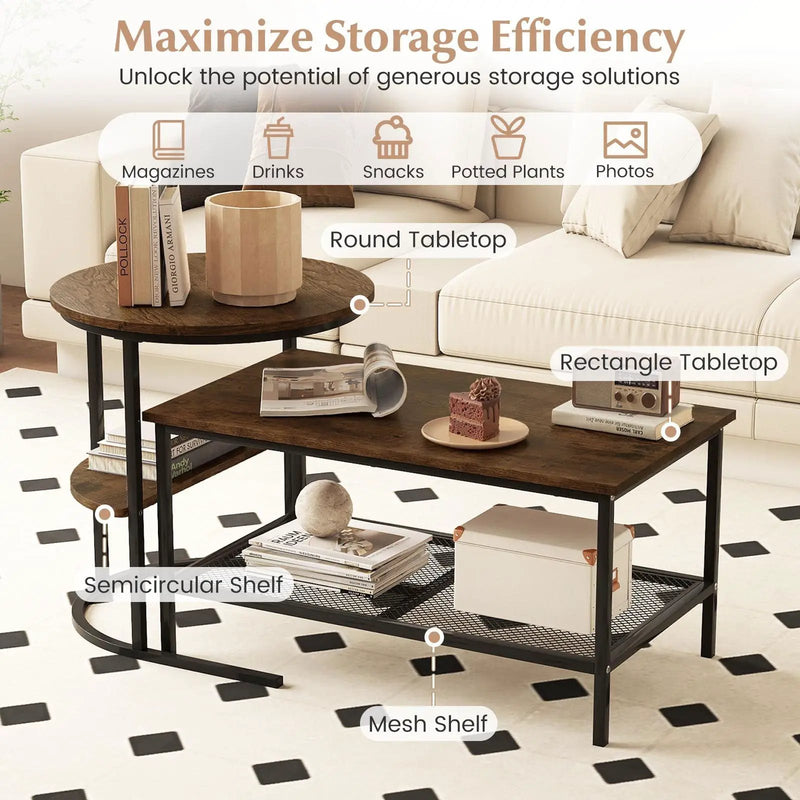 Coffee Table 2-Tier Rectangle Coffee Table and Side End Table with Storage Shelves by DirectDeals
