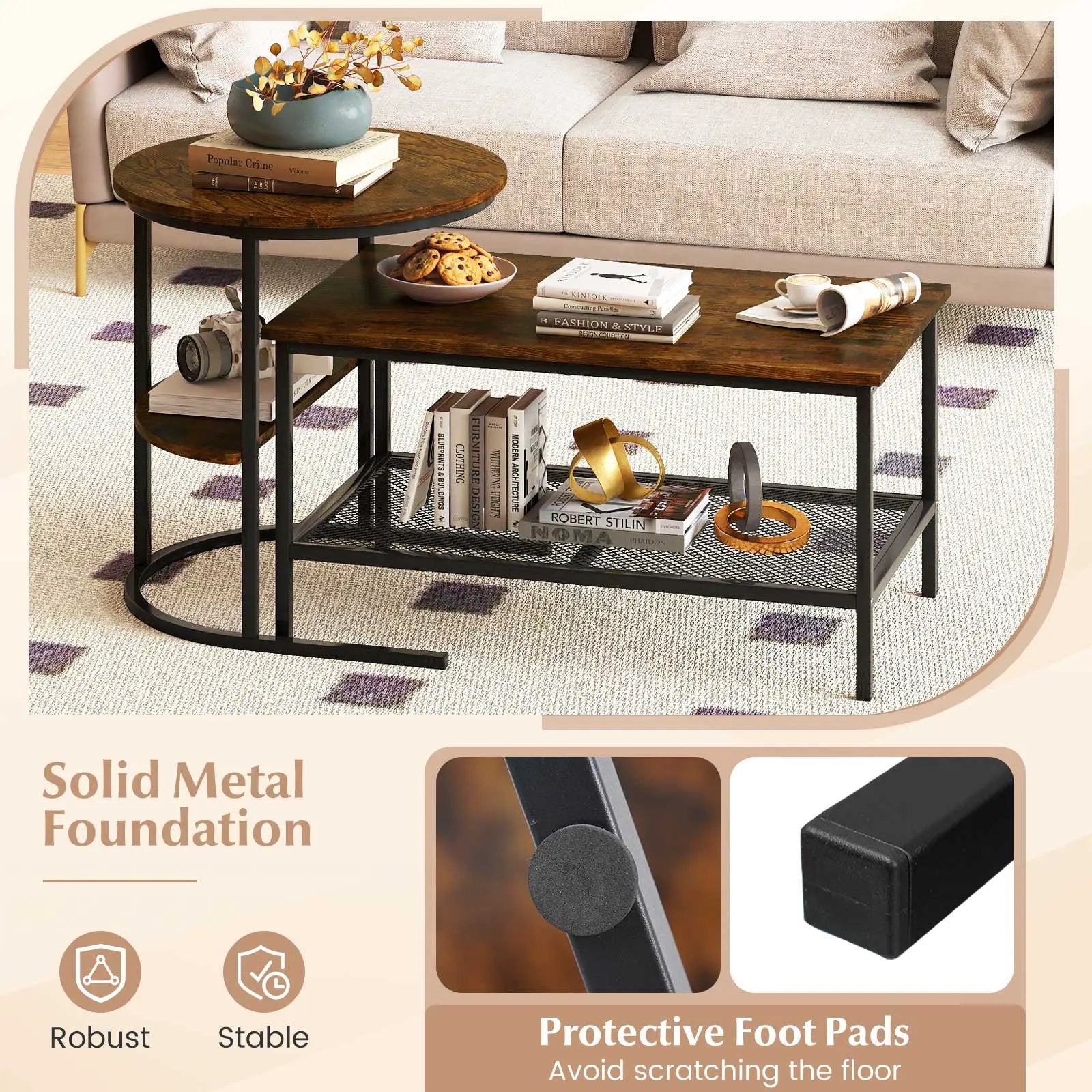 Coffee Table 2-Tier Rectangle Coffee Table and Side End Table with Storage Shelves by DirectDeals