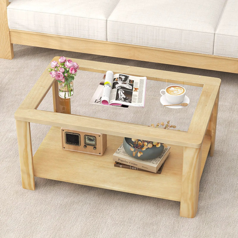 2-Tier Coffee Table Rectangular Center Table with Tempered Glass Tabletop and Storage Shelf-Natural by DirectDeals
