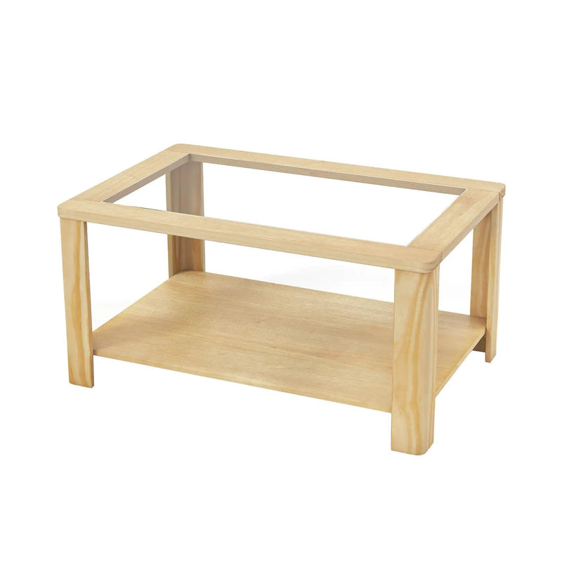 2-Tier Coffee Table Rectangular Center Table with Tempered Glass Tabletop and Storage Shelf-Natural by DirectDeals