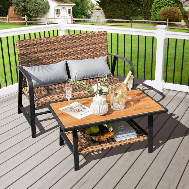 2 Pieces Patio Rattan Coffee Table Set with Shelf and Quick Dry Cushion by DirectDeals