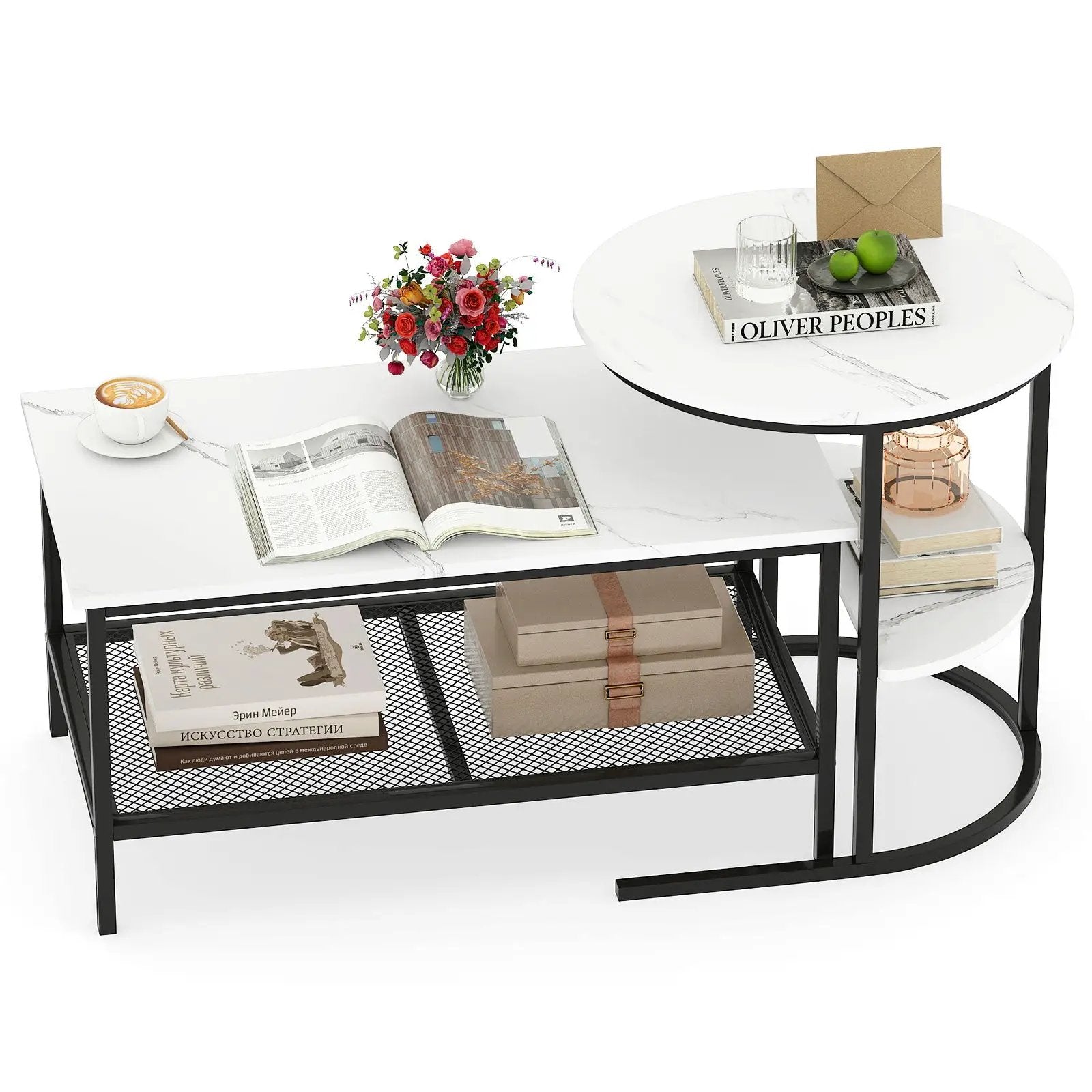 Coffee Table 2-Tier Rectangle Coffee Table and Side End Table with Storage Shelves by DirectDeals