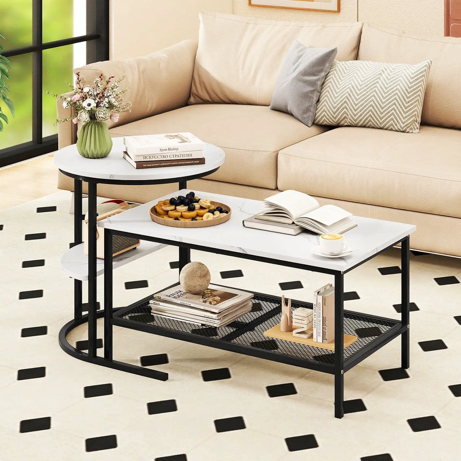 Coffee Table 2-Tier Rectangle Coffee Table and Side End Table with Storage Shelves by DirectDeals