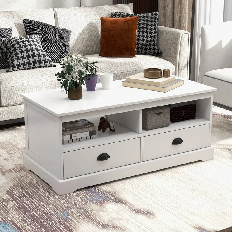 Modern Coffee Table with Drawers and Open Cubies-White by DirectDeals