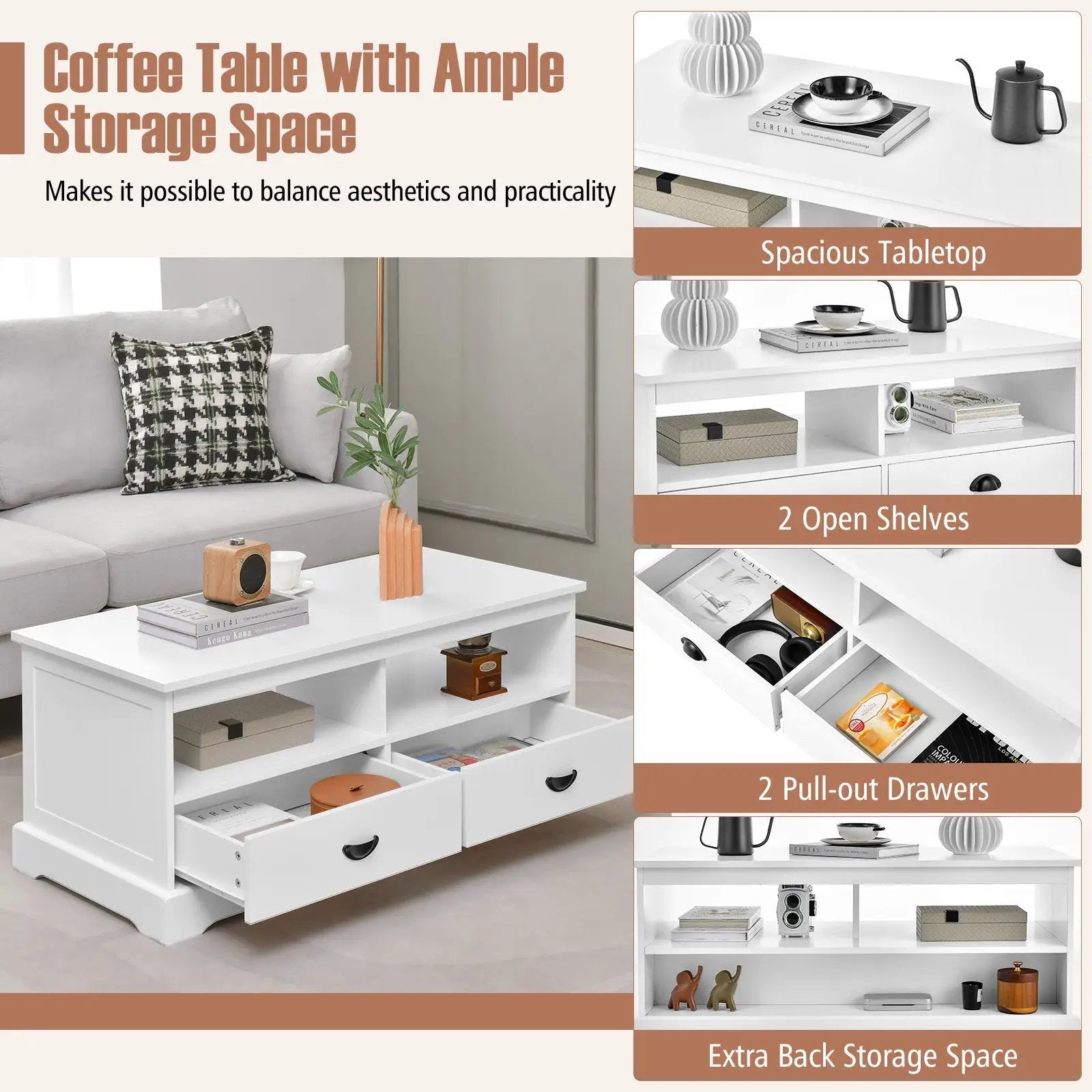Modern Coffee Table with Drawers and Open Cubies-White by DirectDeals