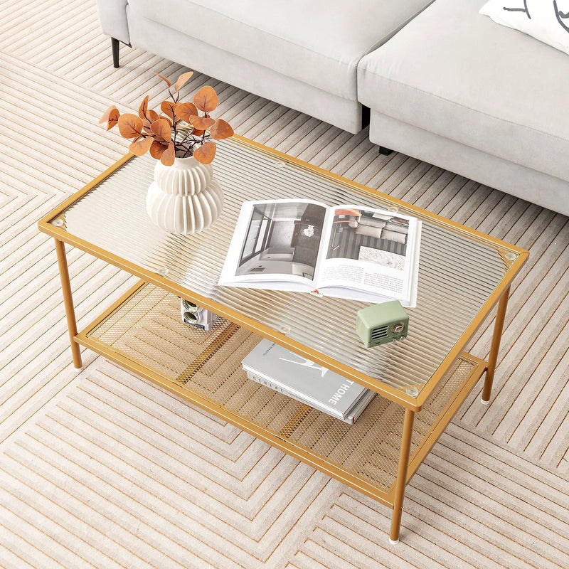 2-Tier Coffee Table with Shelf Center Tea Table with Tempered Glass Top-Golden by DirectDeals