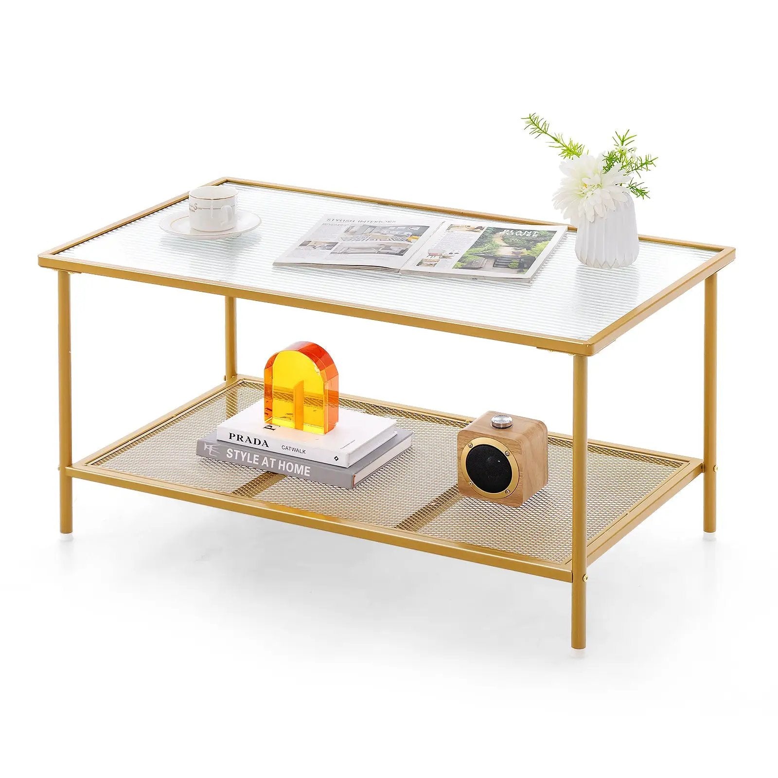 2-Tier Coffee Table with Shelf Center Tea Table with Tempered Glass Top-Golden by DirectDeals