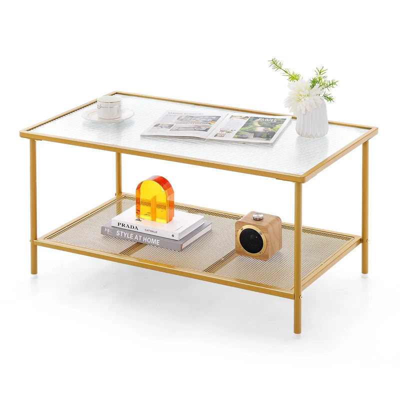 2-Tier Coffee Table with Shelf Center Tea Table with Tempered Glass Top-Golden by DirectDeals