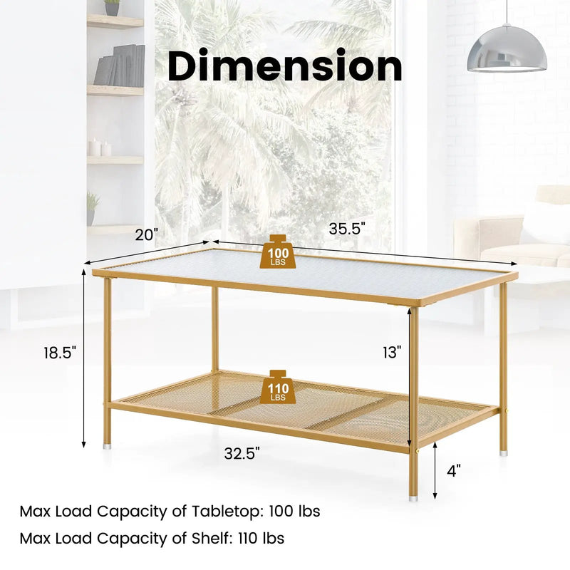2-Tier Coffee Table with Shelf Center Tea Table with Tempered Glass Top-Golden by DirectDeals