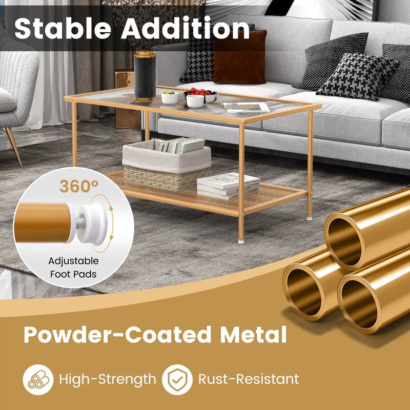 2-Tier Coffee Table with Shelf Center Tea Table with Tempered Glass Top-Golden by DirectDeals