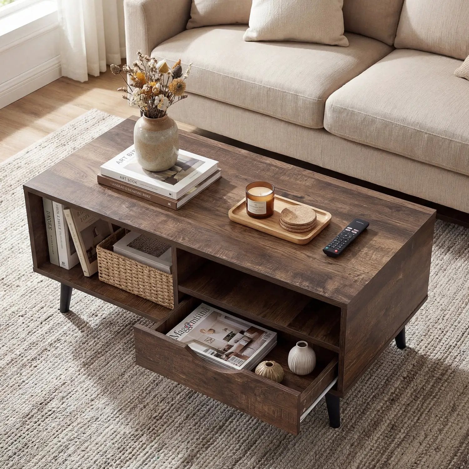 Coffee Table with Storage Rustic Rectangle Center Table by DirectDeals