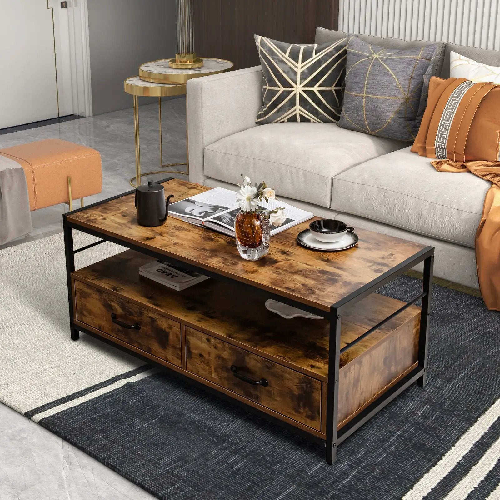 Coffee Table with 2 Drawers and Open Shelf for Living Room-Rustic Brown by DirectDeals