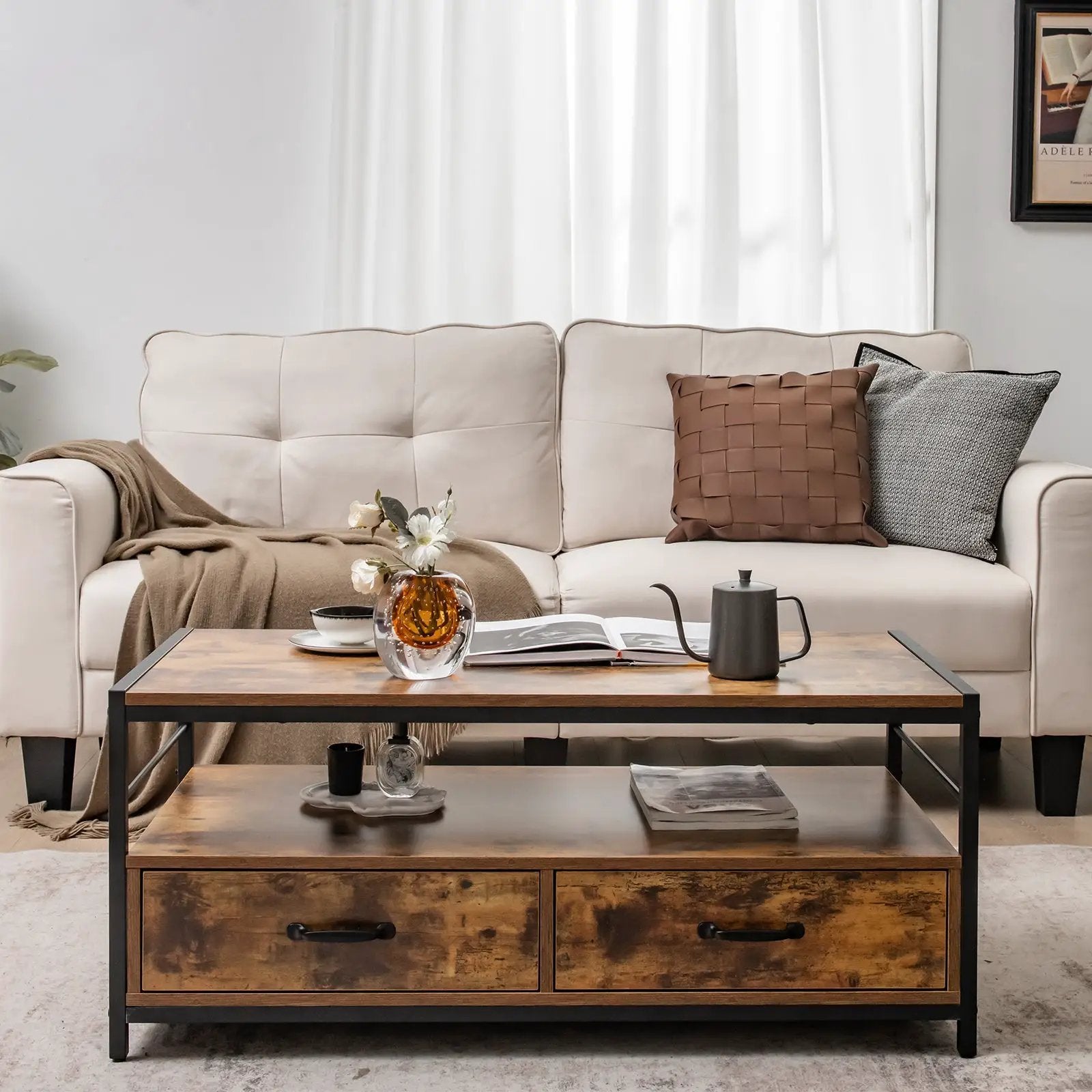 Coffee Table with 2 Drawers and Open Shelf for Living Room-Rustic Brown by DirectDeals