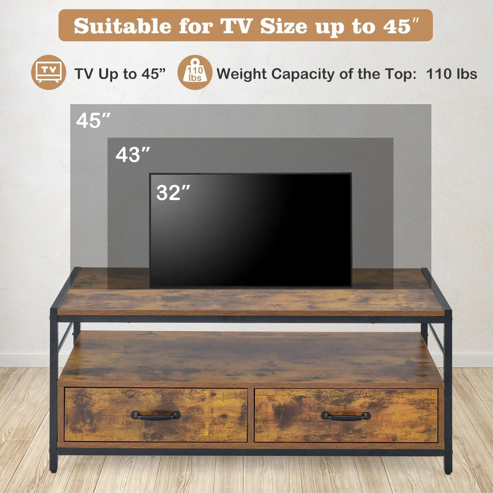 Coffee Table with 2 Drawers and Open Shelf for Living Room-Rustic Brown by DirectDeals