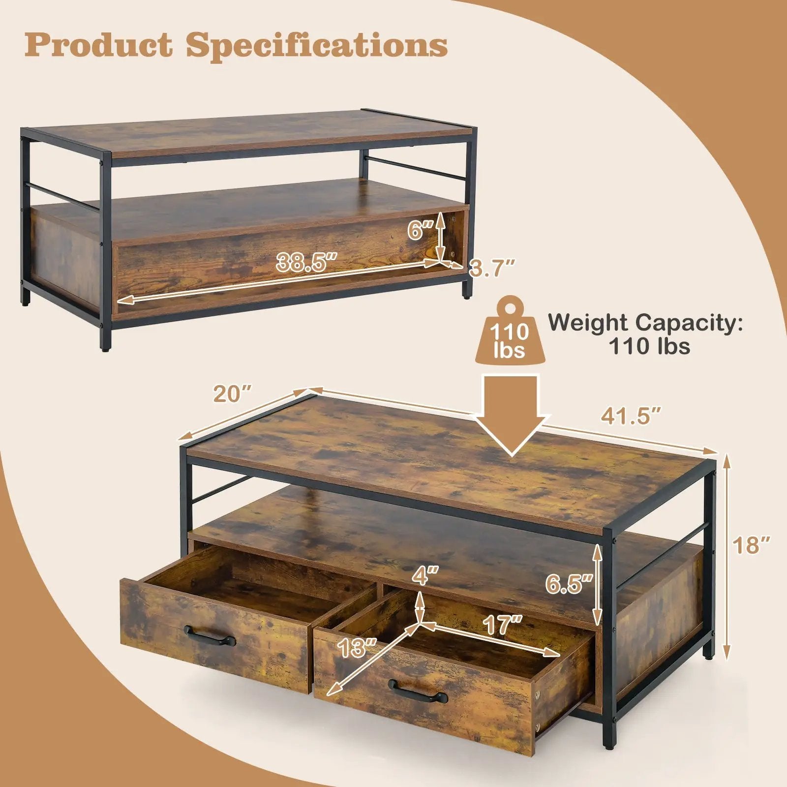 Coffee Table with 2 Drawers and Open Shelf for Living Room-Rustic Brown by DirectDeals